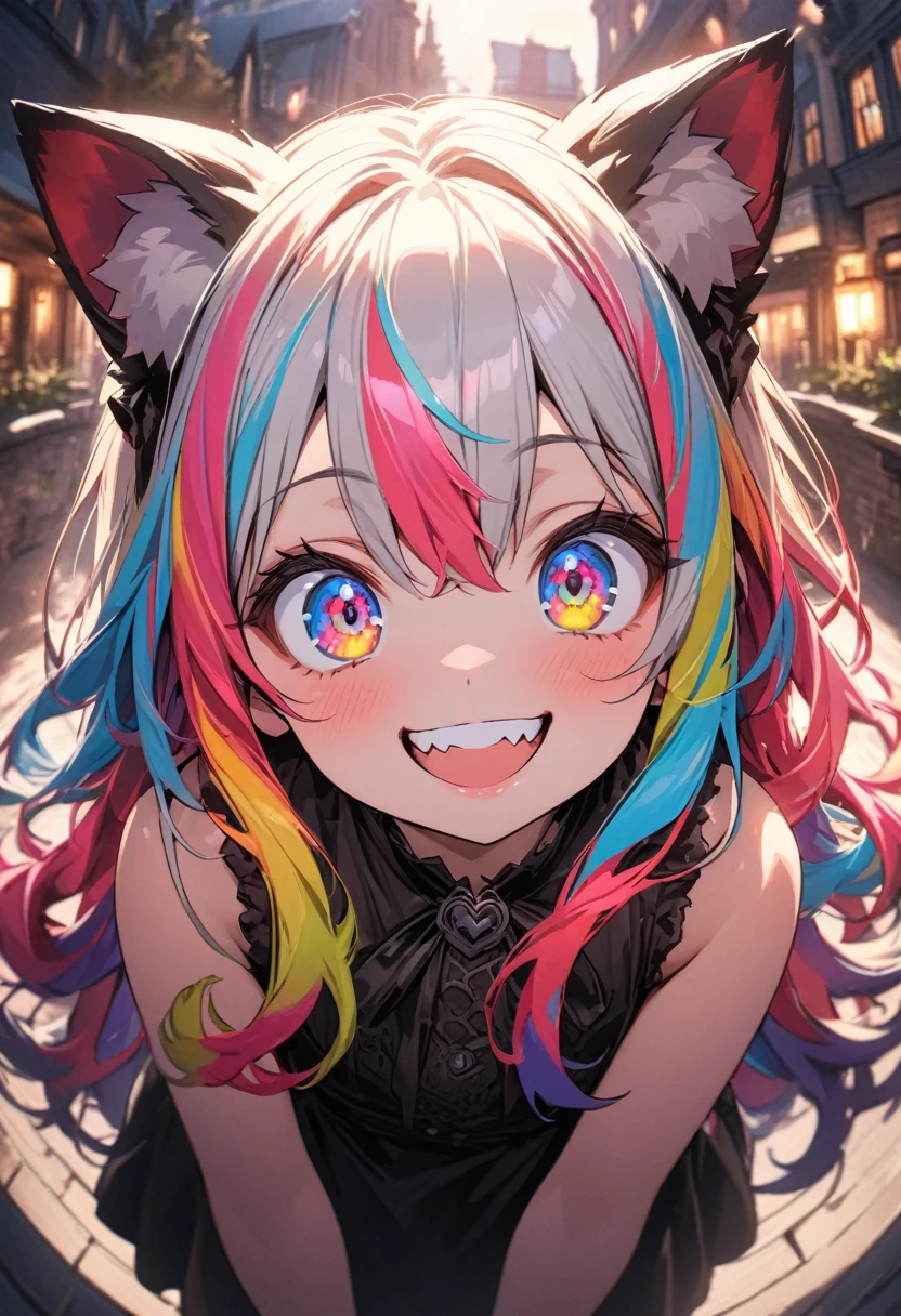 ((Masterpiece)), ((best quality)), (super detail:1.2),(High Definition:1.3), (Professional Photography:1.2), (very aesthetic:1.2), (absurdres:1.2), (fisheye), cinematic lighting, (sharp focus), (perfect light), (()), cute young Girl, fluffy hair, colorful hair, long hair, big eyes, (long eyelashes), ((baggy eyes)), colorful eyes, round eyes, (naughty smile), open mouth, jagged teeth, joy, pop, cute, Colorful, (happy pose), (colorful:1.3), gothic makeup, ((obscurity atmosphere)), (on the Midsummer Cafe Terrace),