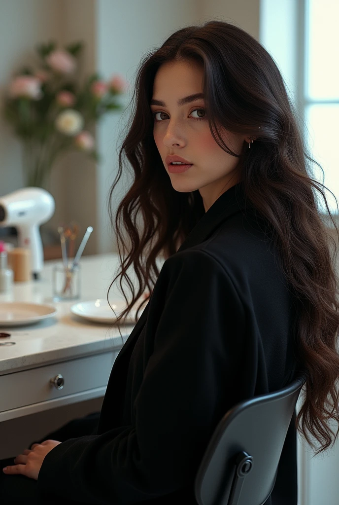 for cover, black colors,whites,nudes and sky blue. a space where beauty classes are held where hair dryers are seen,plates,scissors, enamels with a super realistic lady not like a caricature of cinnamon teas with very long curly dark brown hair, long face, slightly highlighted cheekbones, thin eyebrows,splattered nose, big dark brown eyes,small, pink lips on the sound sitting or with her back turned with a black coat where the woman&#39;s things were more visible