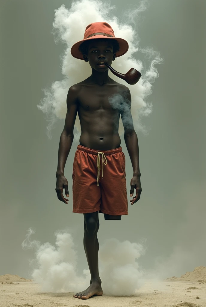 A being that is usually represented as a young black man, with only one leg, wearing simple clothes, such as shorts or short pants, and a red hat. He carries a pipe and is enveloped in a cloud of smoke.
(((((one leg is missing))))