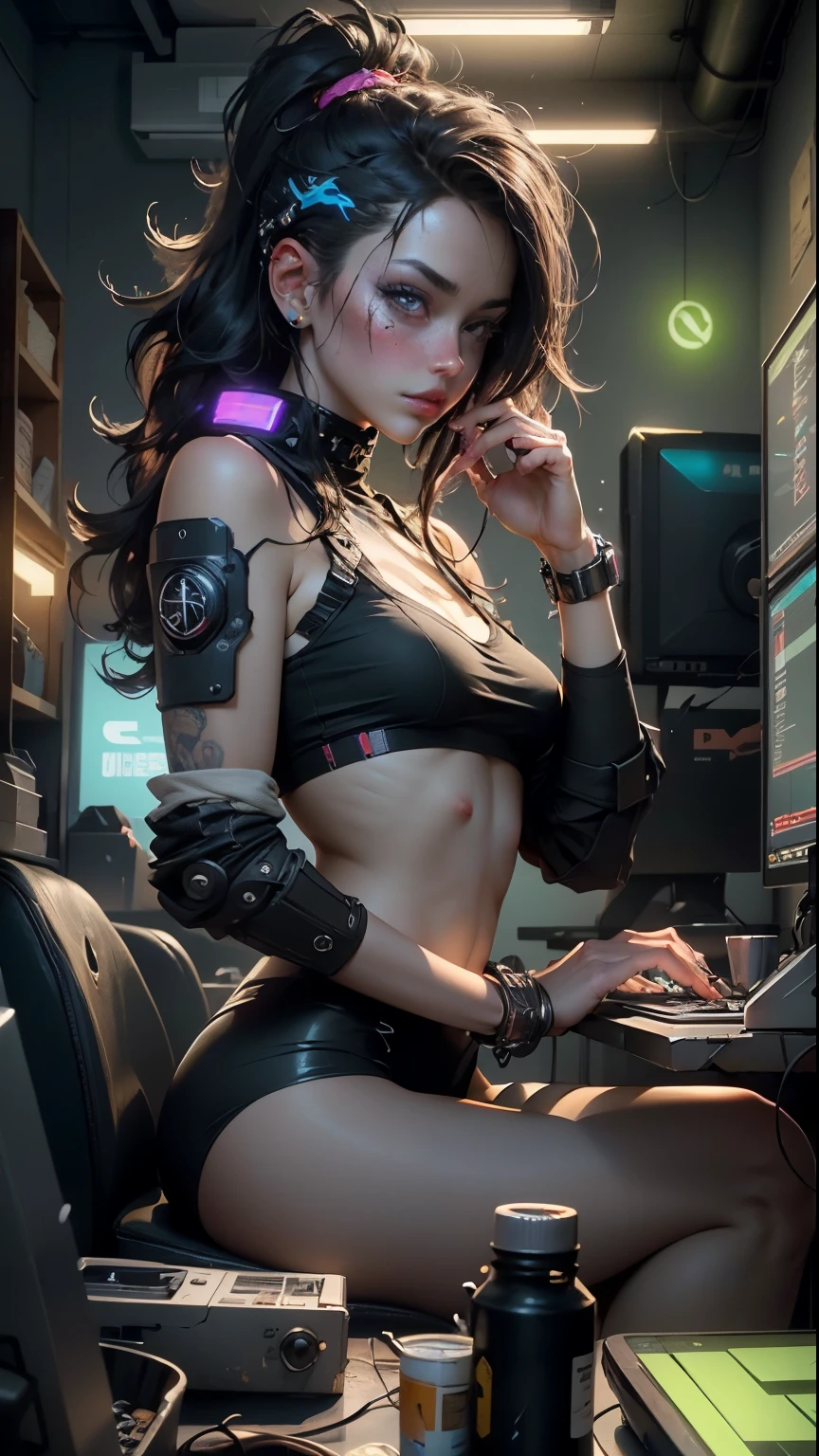 ((best quality)), ((masterpiece)), (muito detalhado:1.3), 3d, Nice (cyberpunk:1.3) Hacker with big, voluminous hair, who operates a computer terminal, computer servers, LCD screens, Fiber optic cable, corporate logos,HDR (High Dynamic Range),Raytracing,nvidia RTX,Super-Resolution,Unreal 5,Subsurface scattering,PBR Texturing,Post processing,anisotropic filtering,depth of field,Maximum clarity and sharpness,Multilayer textures,Albedo and gloss maps,Surface shading,Precise simulation of the interaction between light and matter,proporções perfeitas,Octane Render,two tone lighting,Low ISO,White balance,Rule of thirds,wide aperture,8K RAW,Efficient Sub-Pixel,sub-pixel convolution,luminescent particles,