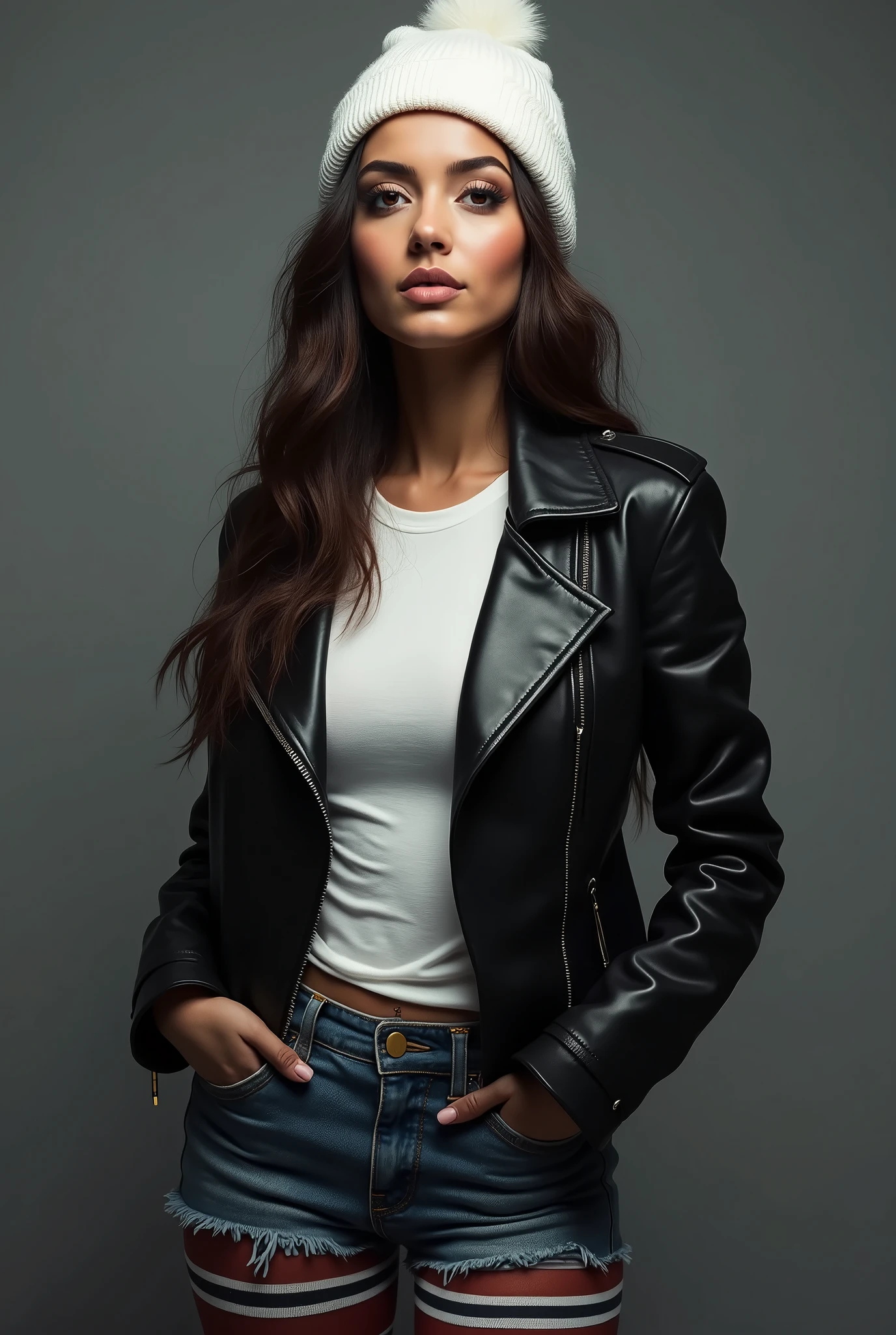 beautiful latin woman, standing straight facing forward, with black leather jacket, denim jeans pants, white beanie hat, on a greyish background, cotton t-shirt texture, fitted t-shirt, round neck, striped tights. Medium camera shot.