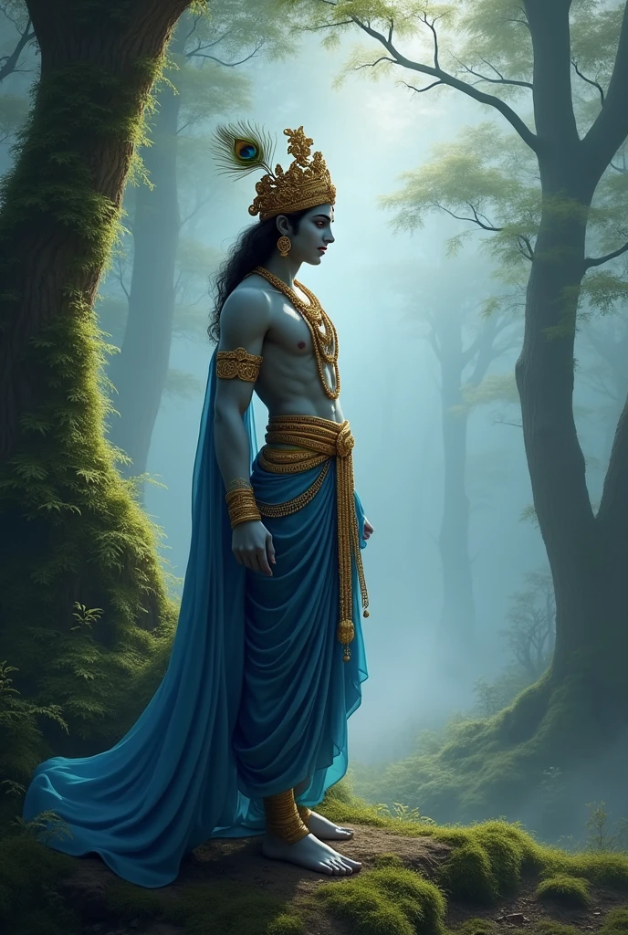 Create a mystical forest scene enveloped in mist, with Lord Krishna standing gracefully. He is depicted and dressed in elegant, traditional attire, with a flowing blue garment and intricate golden jewelry. Krishna wears a detailed crown adorned with peacock feathers, and his expression is serene and contemplative. The background should be a dense, foggy forest with tall trees and moss-covered branches, creating a tranquil and otherworldly atmosphere. The light should be soft, filtering through the mist to add depth and ethereal beauty to the scene.