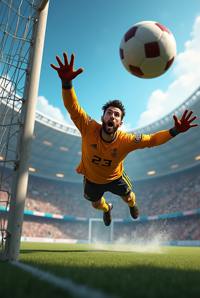 A goalkeeper long jump to the ground for save the football in the front of goalpost. He is a goalkeeper, her jursy name is "Jafor" her jursy name is 23.