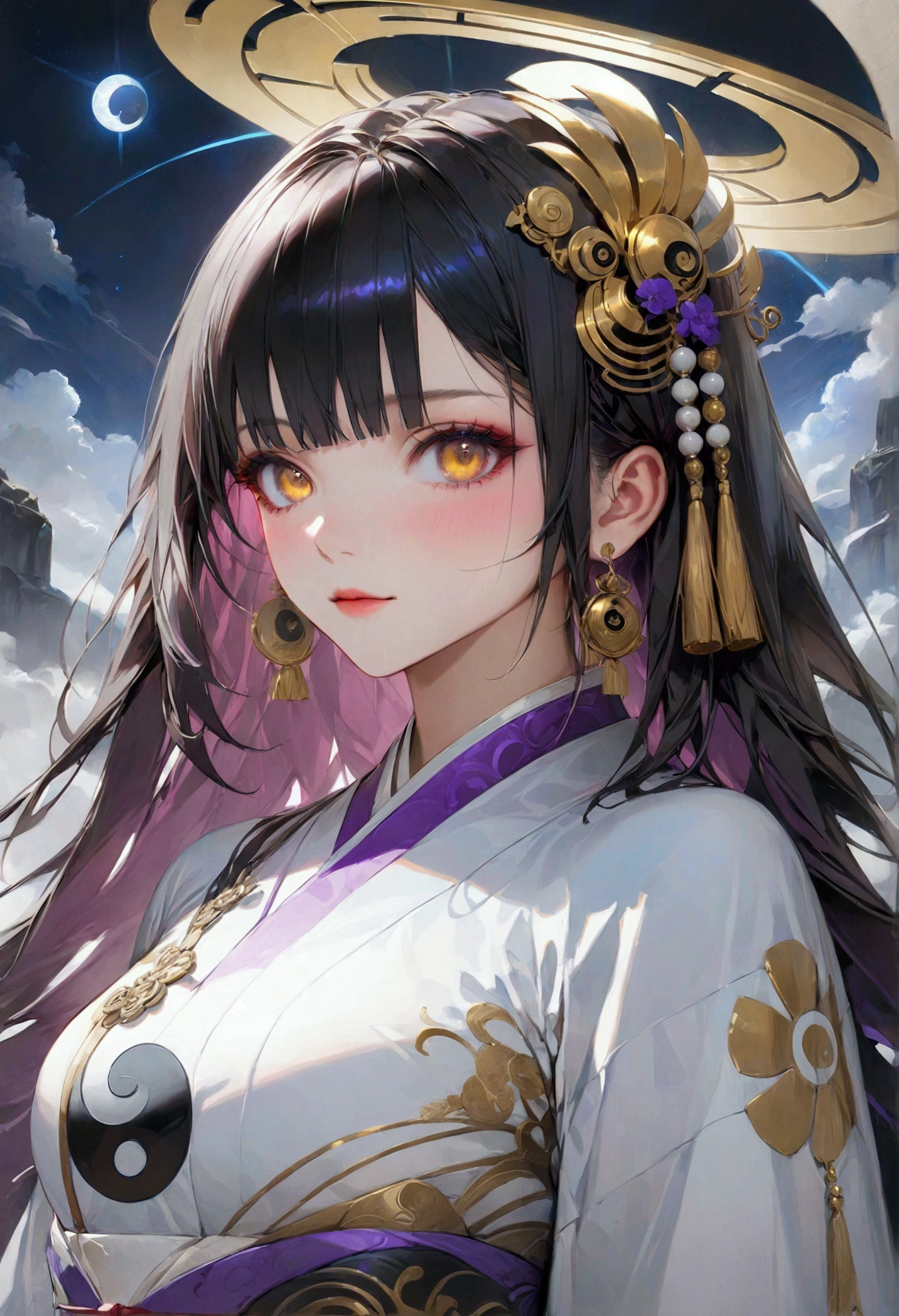 Long smooth straight black hair, inner colored dark-purple hair, golden eyes, yin yang robes, masterpiece, super detail, best quality, 8k,semi-realistic