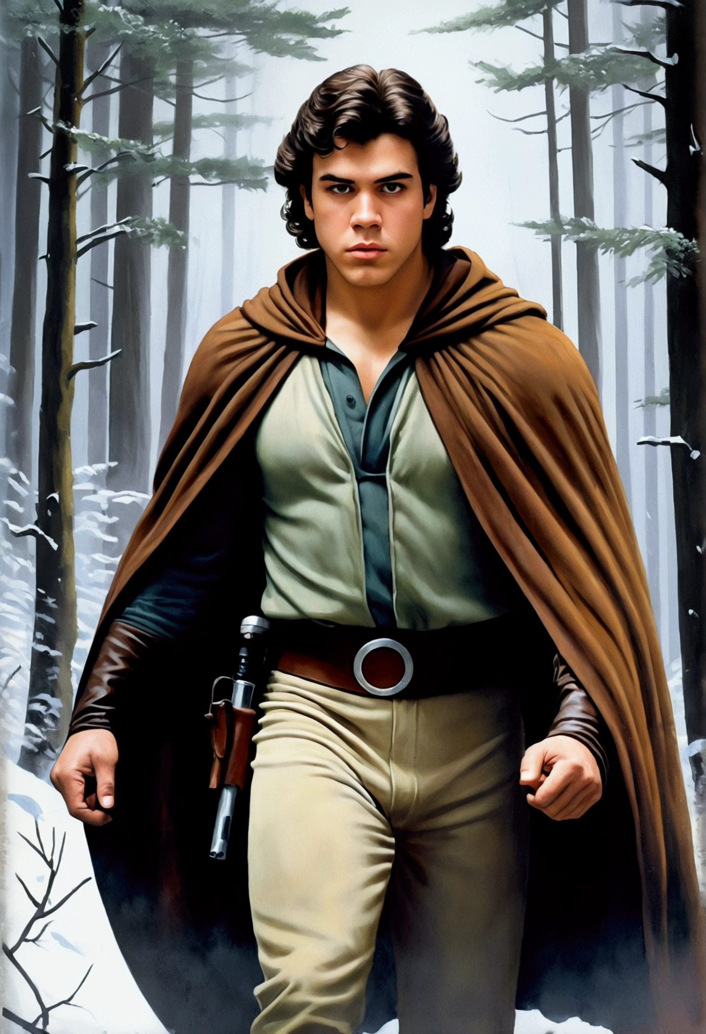 An illustrated movie poster, hand-drawn, full color, a young Jedi, 18-years-old, male, wearing an umbra cloak, portly figure, broad shoulders, muscular, brown eyes, brown-black hair, curly voluminous mane, sun-tanned skin, resembles Lou Ferrigno, hiking through a frozen forest, graphite shading, stencil marks, airbrushed acrylic paint, masterpiece, in the style of Drew Struzan 