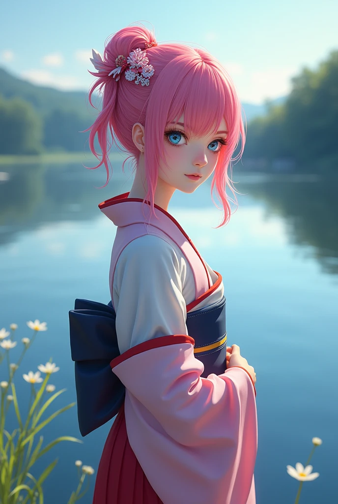 masterpiece, Best Quality,lacus-bk, 1 girl, Alone, by the wide, pink hair, very by the wide, blue eyes, hair ornament, japanese clothes, separate sleeves