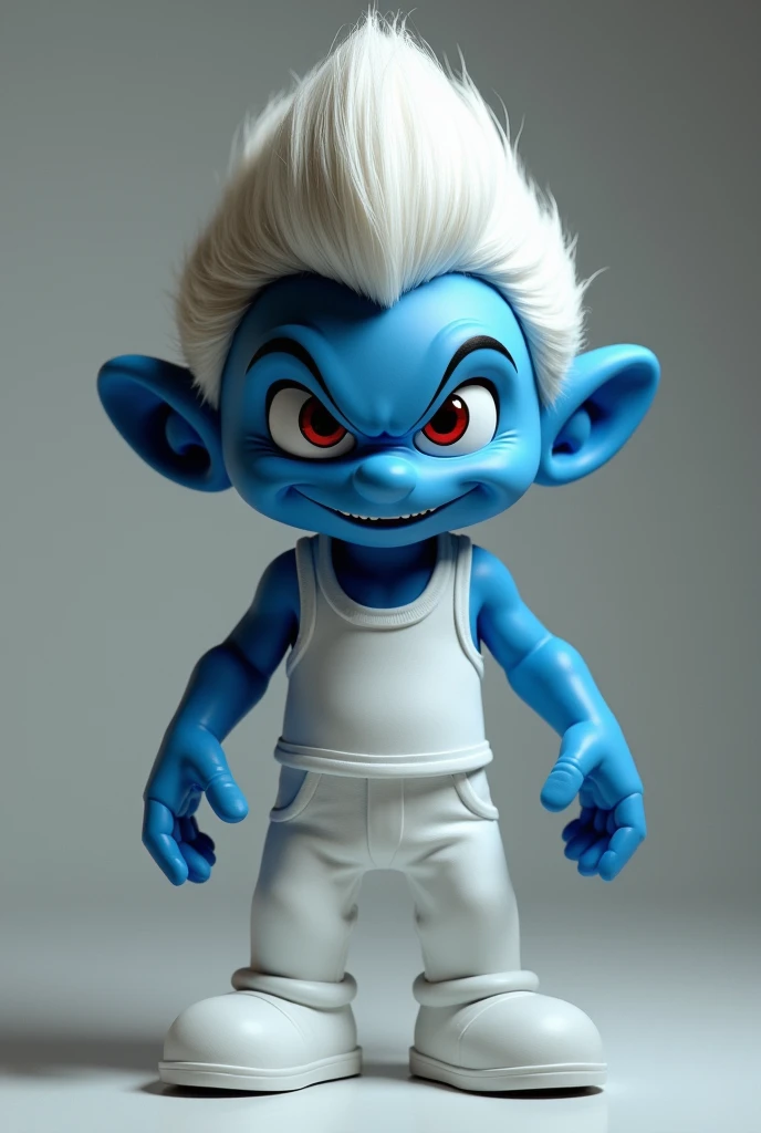 An evil smurf man, But very handsome, with evil smile and red eyes, high, straight white hair and white vest dress and white classic pants, as a human