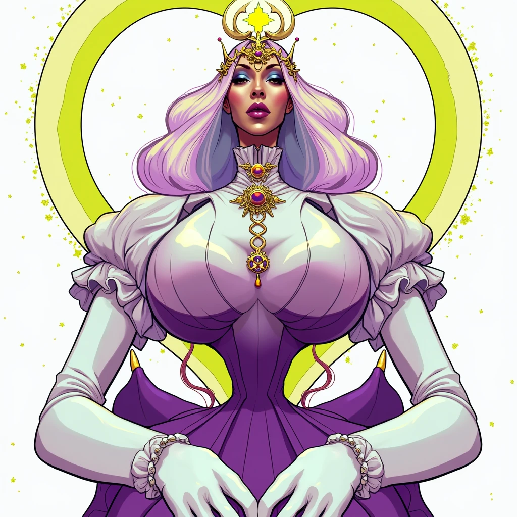Top quality, realistic, very delicate and beautiful, RAW photos, professional lighting, face lighting, depth of field, single focal, whole body, 1 woman, a beautiful omnipotent divine mother goddess of all creation, floating in galaxy, wearing puffy wide extra billowing ballgown, with golden divine halo circle behind back, best quality, masterpiece, beautiful, detailed face, looking at viewer, lipstick, transparent flowing veil, giant round crown, gigantic breasts, long elbow gloves, infinity symbol,