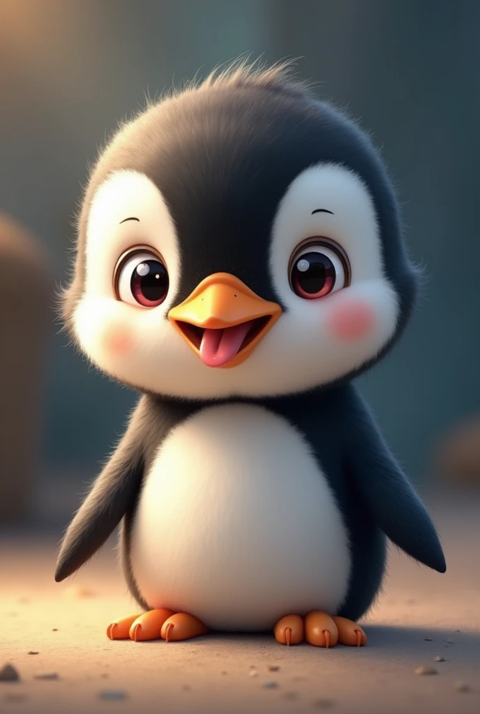 a close up o a cute little penguin facing the camera with his tongue out on the side of his mounth