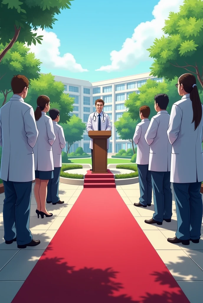 A doctor addressing other doctors in an outside event on the hospital compound there are red carpets

