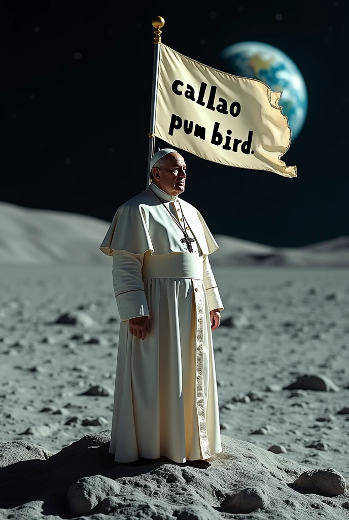 A realistic photo of Pope Francis, on the moon with a flag that says:
"CALLAO PUM BIRD"