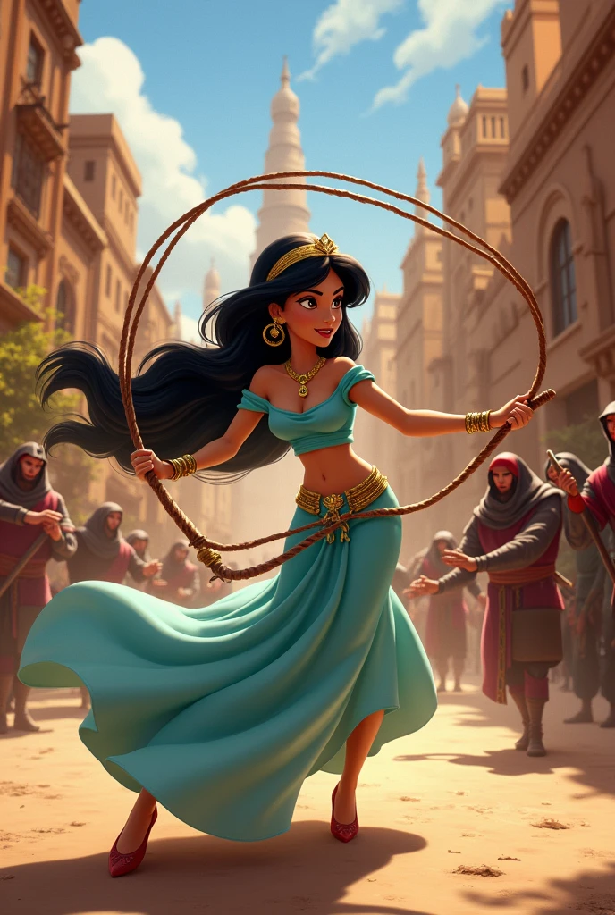 Disney's Jasmine with whip fighting bad guys
