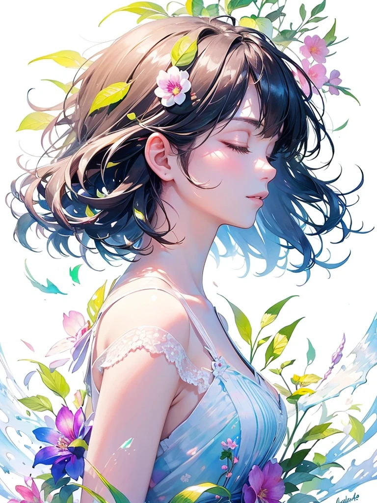 (masterpiece、Highest quality、Highest quality、Beautiful and beautiful:1.2)、Excellent anatomy、(Watercolor painting 1.5)、Long Shot、straight short hair images、Trendy Hair Color, Beautiful Face、Beautiful profile, Looking up to the sky, I close my eyes and pray, Fairy, 蝶のFairyのコスチューム、Pure white、Pure、charm, Colorful flowers of different colors, Flower and leaf wind、Botanical Art,