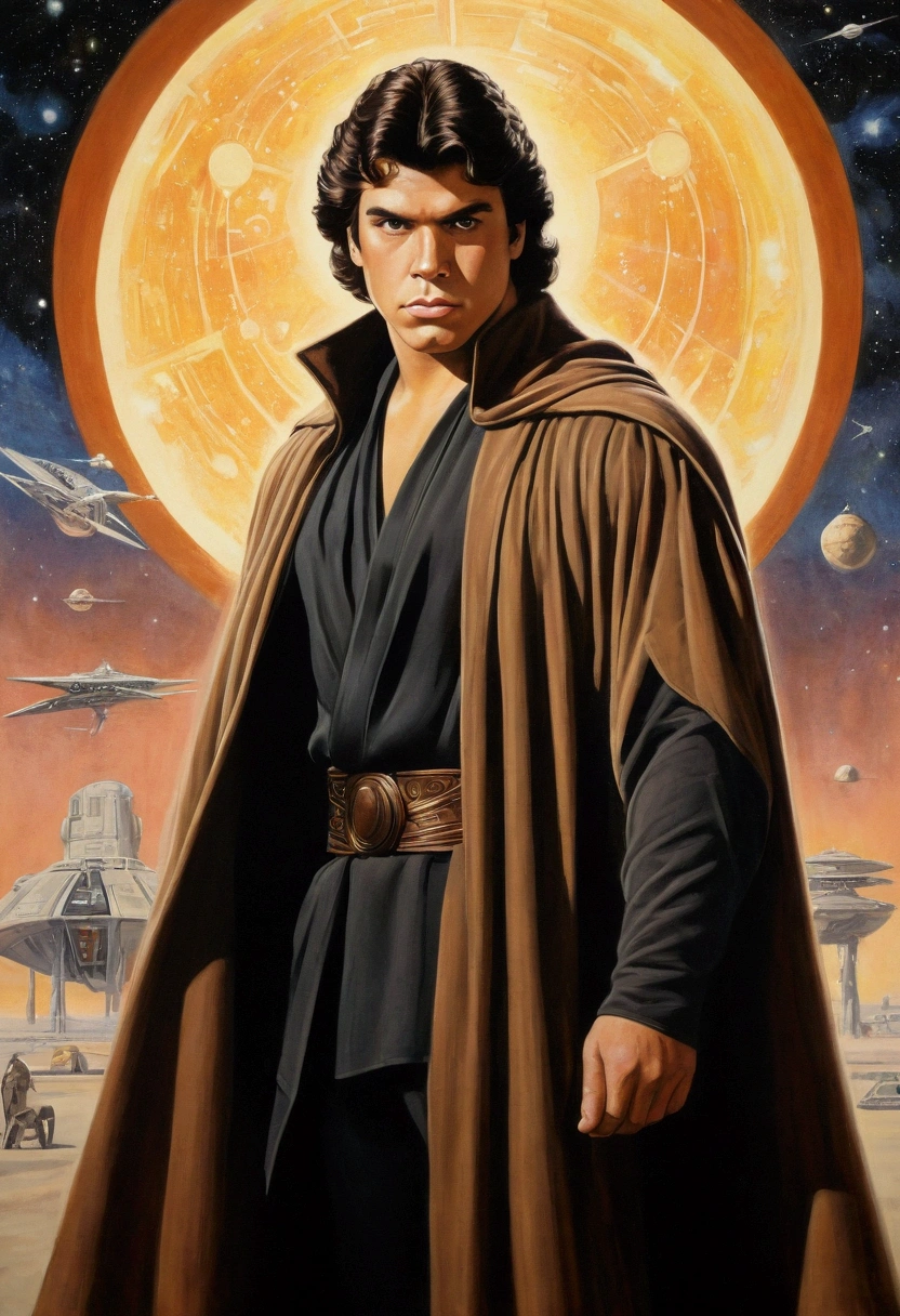 An illustrated movie poster, hand-drawn, full color, a young Jedi, 18-years-old, male, wearing an umbra cloak, portly figure, broad shoulders, muscular, brown eyes, brown-black hair, curly voluminous mane, sun-tanned skin, resembles Lou Ferrigno, standing in a busy spaceport, graphite shading, stencil marks, airbrushed acrylic paint, masterpiece, in the style of Drew Struzan 