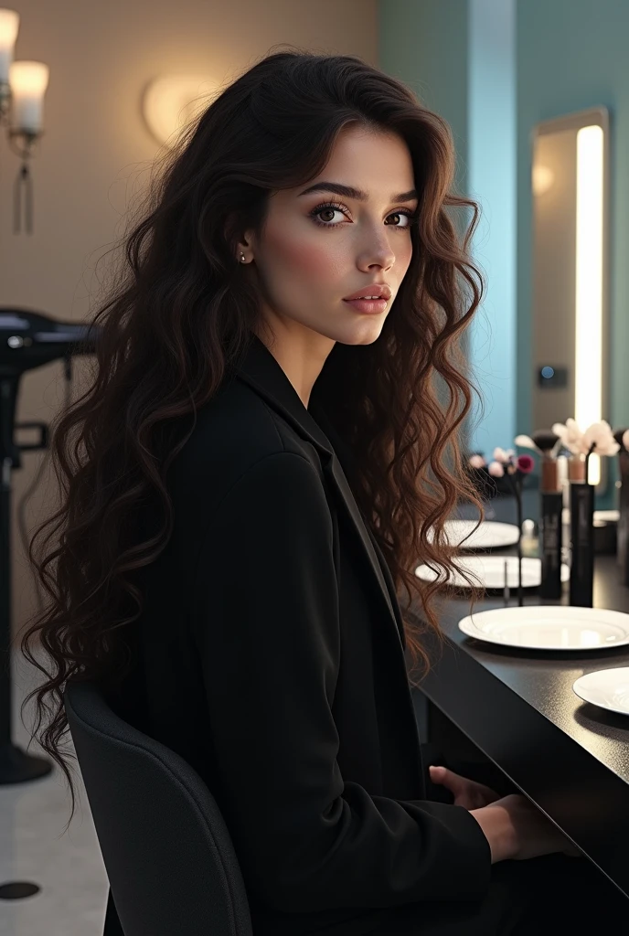 for cover, black colors,whites,nudes and sky blue. a space where beauty classes are held where hair dryers are seen,plates,scissors, enamels with a super realistic lady not like a caricature of cinnamon teas with very long curly dark brown hair, long face, slightly highlighted cheekbones, thin eyebrows,splattered nose, big dark brown eyes,small, pink lips on the sound sitting or with her back turned with a black coat where the woman&#39;s things were more visible