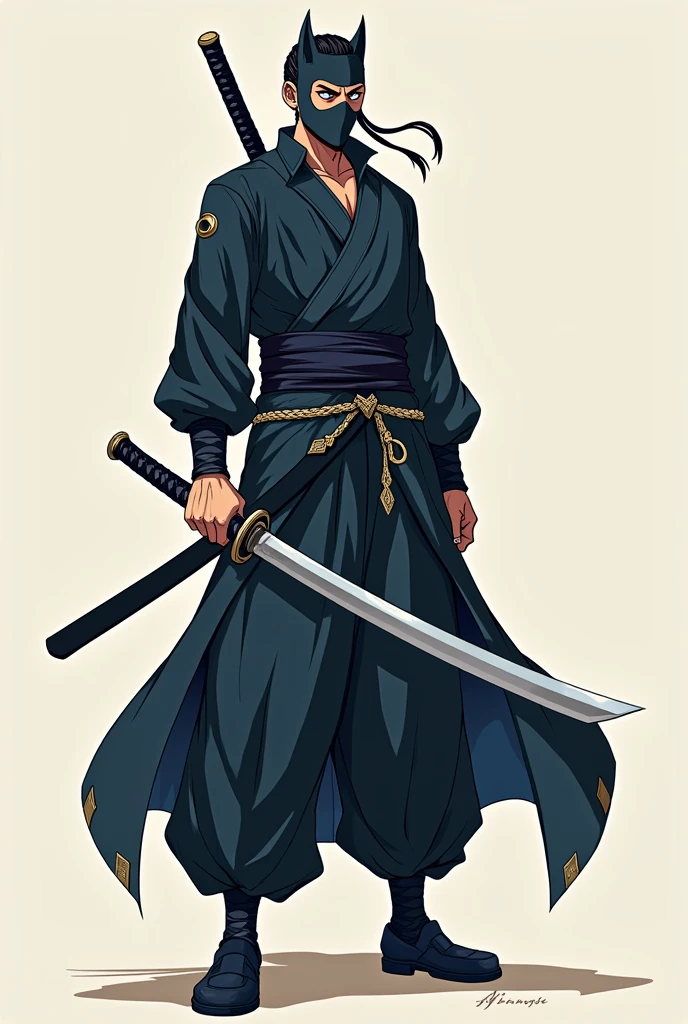 A anime male character look straight and face mask eyes blue rase hand katana stand