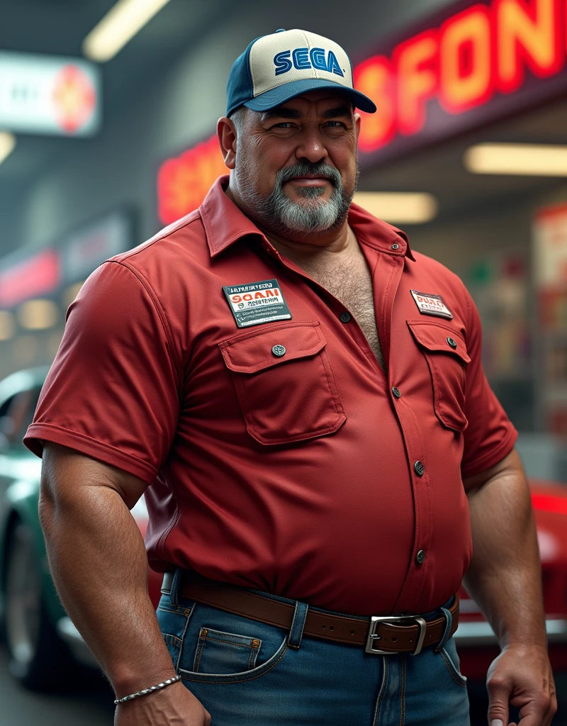 a close up of a man in his 60s wearing a red shirt and blue jeans, as a character in tekken, beefy, realistic textures, jeff bridges with a goatee, best friend smiling at you with encouragement, Out Run 2 flagman, 2 k, 2k, muscular bernie sanders, buff man, character from king of fighters, robust stocky body, hide the pain harold, name of character is flagman, wise face, his cap has a SEGA logo on it, (short GREY hair)