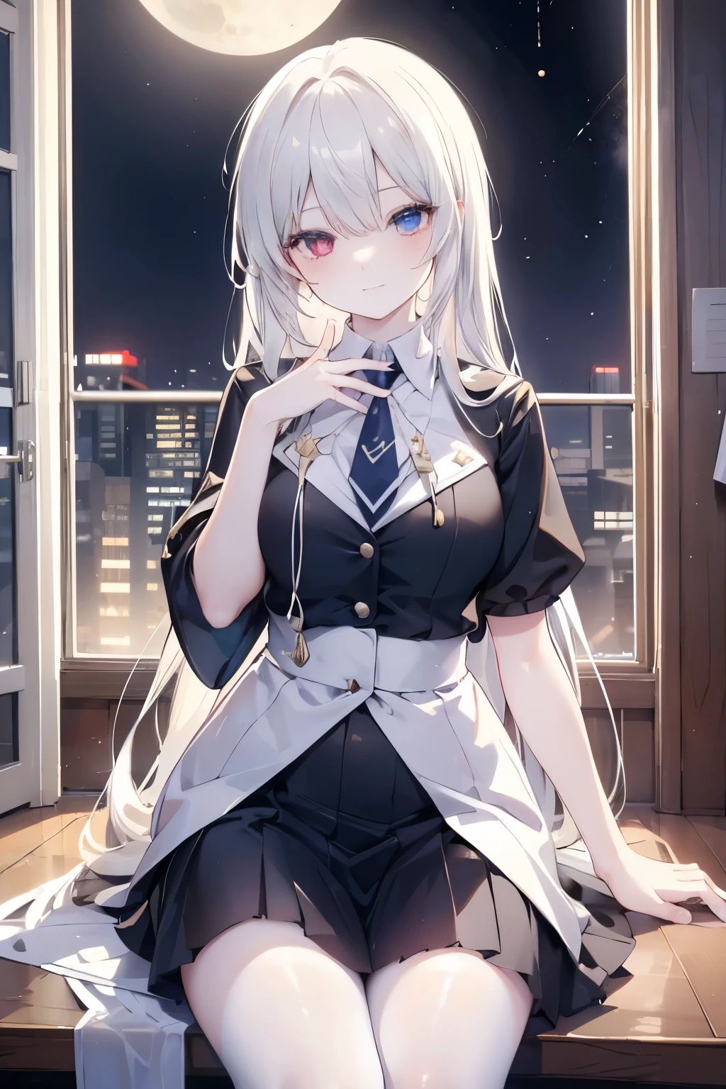 (8K, masterpiece, best quality, hyper detailed, extremely detailed, exquisite, beautiful), cowboy shot, (Beautiful girl: 1.3), one girl, white hair, medium-length hair, BREAK heterochromia, Left eye red, right eye blue, pale skin, (night), (evil smiling), BREAK uniform, classroom, indoors, (moon), loafers, pantyhose, corridor, brown carpet flooring, (moonlight), BREAK Standing in front of the window glass, Ultra-detailed depiction of fingers, hand between legs, rule of thirds, constricted pupils