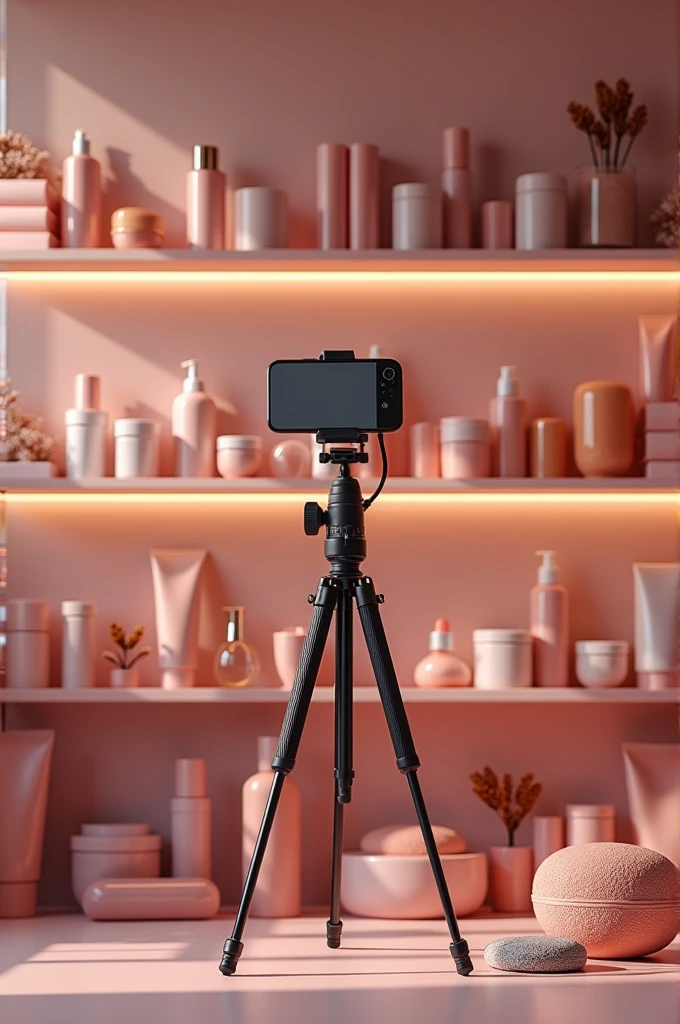 Create an image where in the background you can see shelves full of products Where you can see a light to record A tripod with a phone Recording where my name Darlenys is That the shelf has different beauty pots such as makeup for the hair of the face That they are Toñito, light pink said