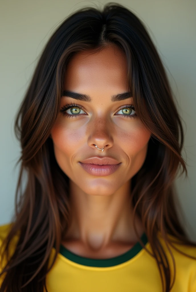 ((Photorealistic, Ultra realistic, best quality 16K)) A beautiful Brazilian woman after playing a soccer match, she has straight dark brown hair down to her shoulders, light green eyes, full lips, thin nose, a nose piercing, defined jaw. (Face portrait only)