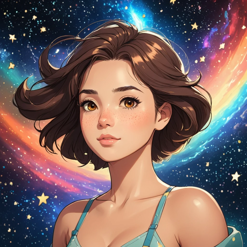 (GeGe:1.5), woman, brunette, brown eyes, freckles, safe_pos, score_9, score_8_up, score_7_up, 1girl, solo, High detail, super detail, super high resolution, very sexy girl, enjoying her time in the dream galaxy, surrounded by stars, warm light sprinkled on her, full body, background is starry sky with colorful galaxies and galaxy clouds, stars flying around her, delicate face, playful atmosphere,