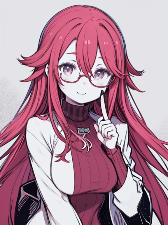 One Girl、((Felt pen art、Constant thickness lines、Very thick contour lines))、Smiling、((Flat Color))、Upper Body、Red color hair、Hair between the eyes、long hair、Glasses、Big Breasts、Turtleneck sweater、Long sleeve、