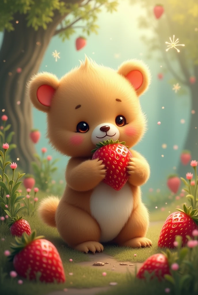 A little bear with a fantasy feel, holding a strawberry。A fantastic atmosphere。