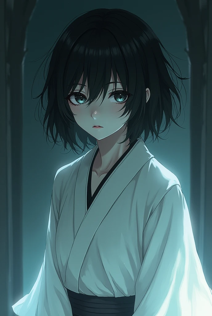 Very detailed anime art style, female, very detailed hair, dark hair, very short hair, very messy hair, bangs covering eyes, extremely detailed clothes, white kimono, creepy, scary, ghost like