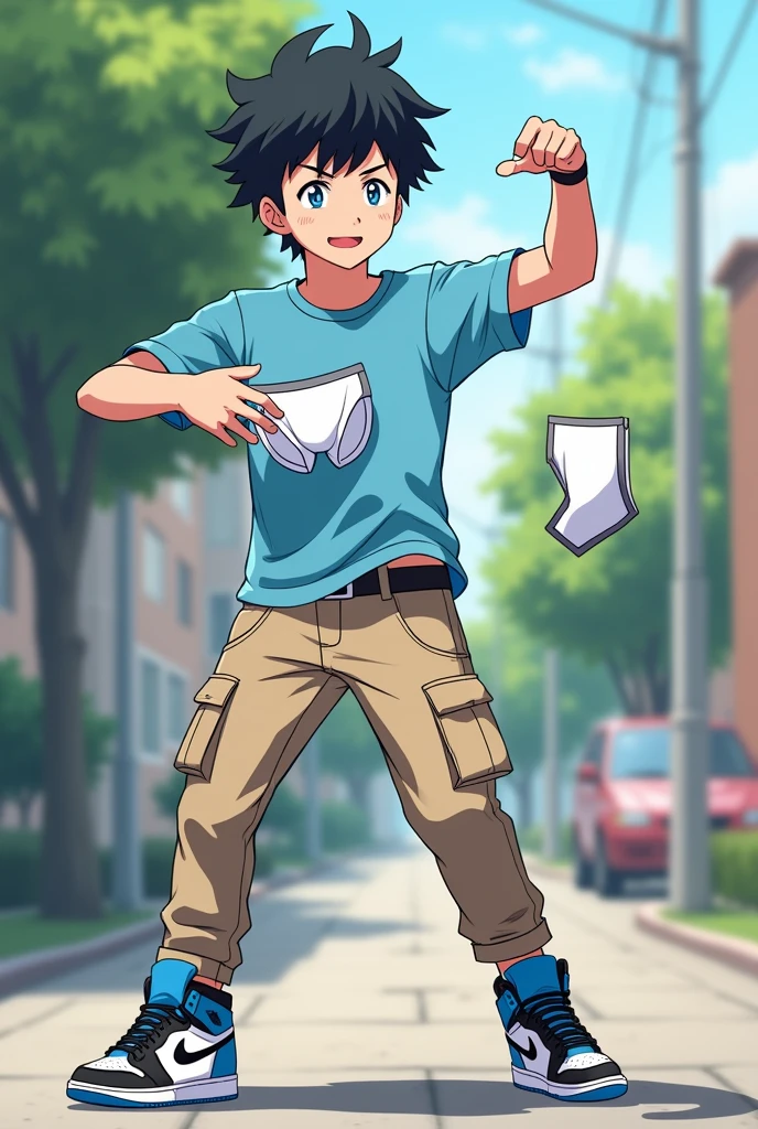 An anime ager(naruto type) he is wearing a light blue t-shirt, beige cargo pants and blue, black and white air jordan sneakers, he has white skin and black hair and he is wearing white boxer briefs that he was throwing in the trash with a relieved face