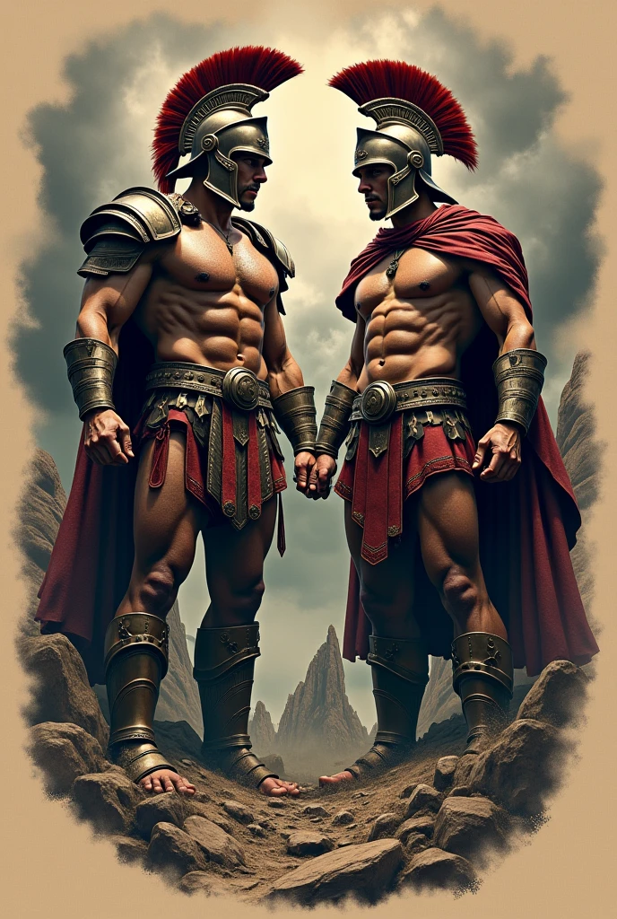 Create a tattoo for the abdomen with two spatans with their full armor on the sides,