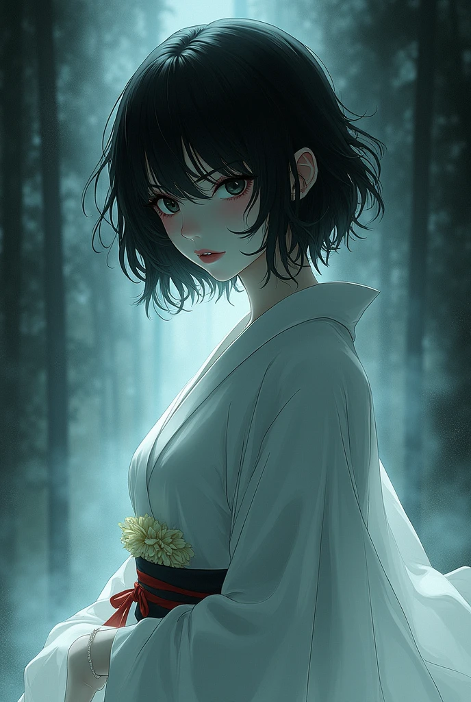 Very detailed anime art style, female, very detailed hair, dark hair, very short hair, very messy hair, bangs covering eyes, extremely detailed clothes, white kimono, creepy, scary, ghost like