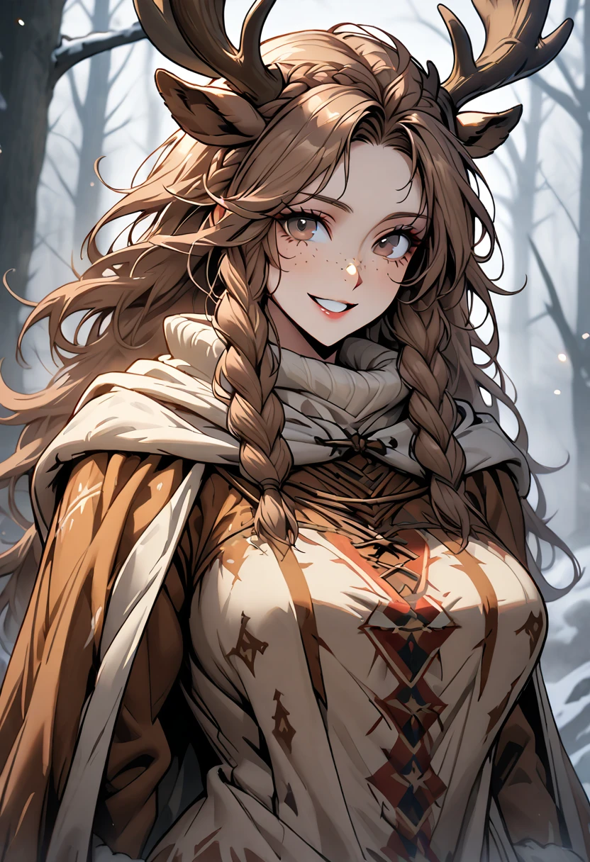 Solo, female, close up, long brown hair, wild hair, deer antlers, huge woman, brown eyes, cape and winter clothes, winter, forest, freckles, wide smile, ((deertaur)), villager clothes, medieval, deer body, deer lower body, lugagge, braids