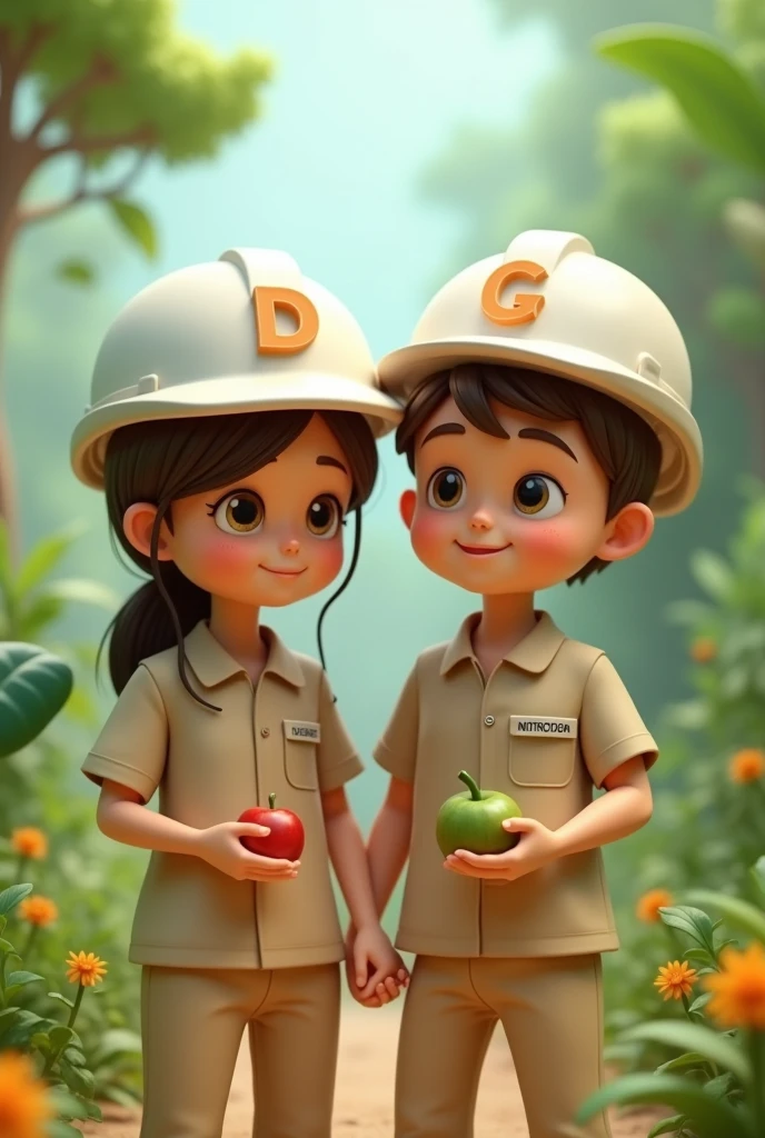 Take a photo of me that includes a nutritionist in a beige clinical uniform, with loose hair and no helmet with a D logo at heart level, holding a fruit in his hand, and a civil engineer in a white helmet with a G logo at heart level, and they are together as a couple, in a nature background and in animation.