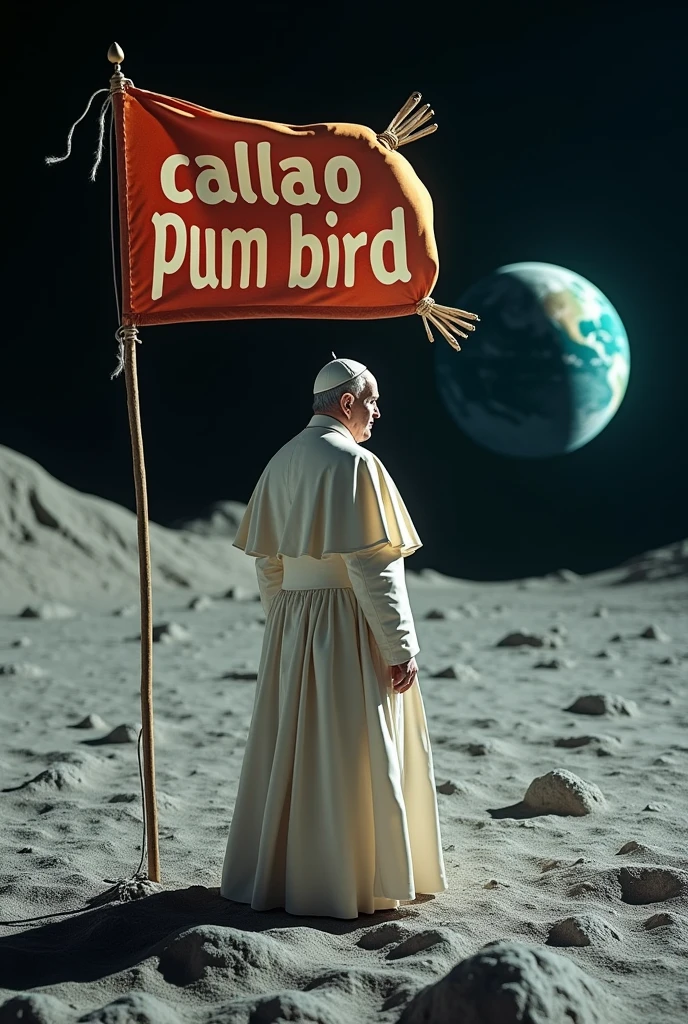 A realistic photo of Pope Francis, on the moon with a flag that says:
"CALLAO PUM BIRD"