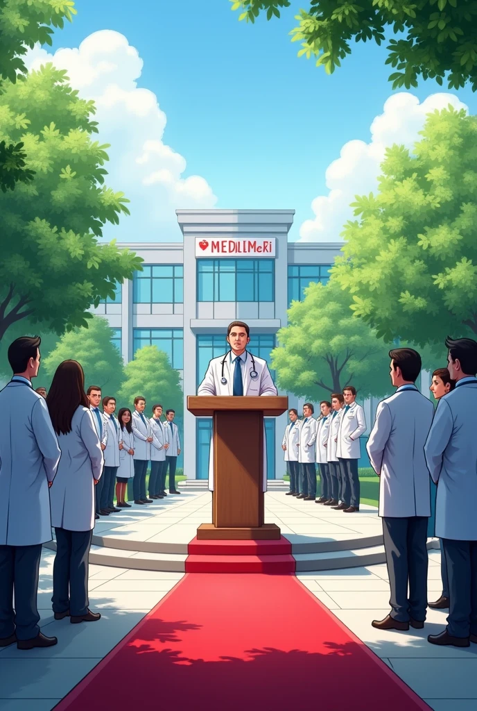 A doctor addressing other doctors in an outside event on the hospital compound there are red carpets