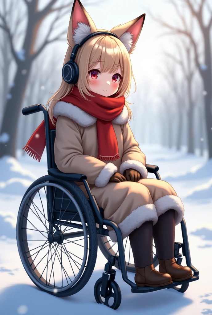 Anime character in a wheelchair headphones wintercoat and red scarf foxears