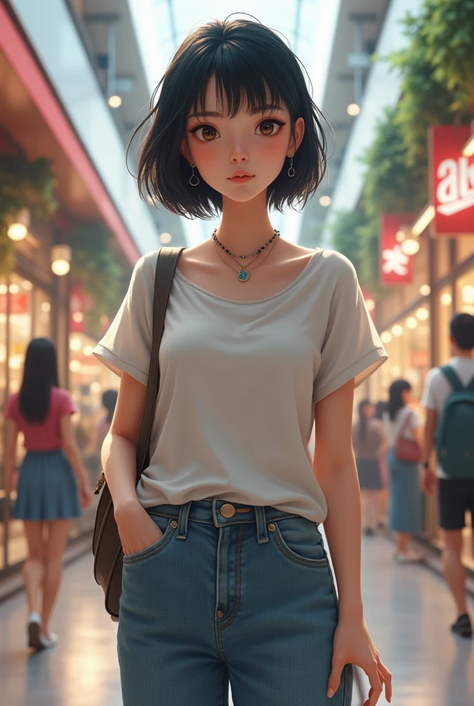 A black hair girl with short hair with chinese looking face in baggy cloths standing in a mall realistic image