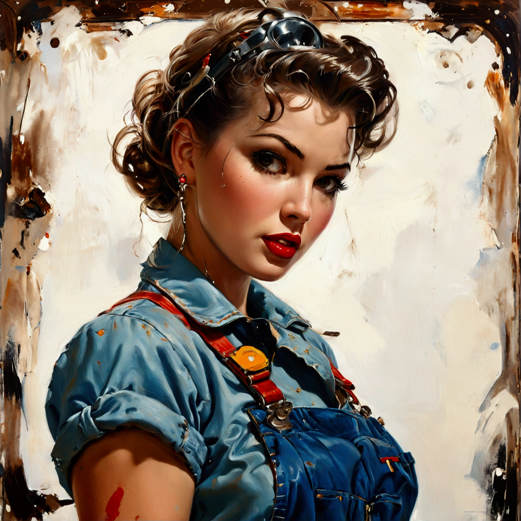 pinup model, standing, mechanic overalls, GREASE DIRTY, face with grease, looking back, wheel wrench in hand, sultry gaze, cocked ass, White background, oil painting, work of art. gil elvgren style.