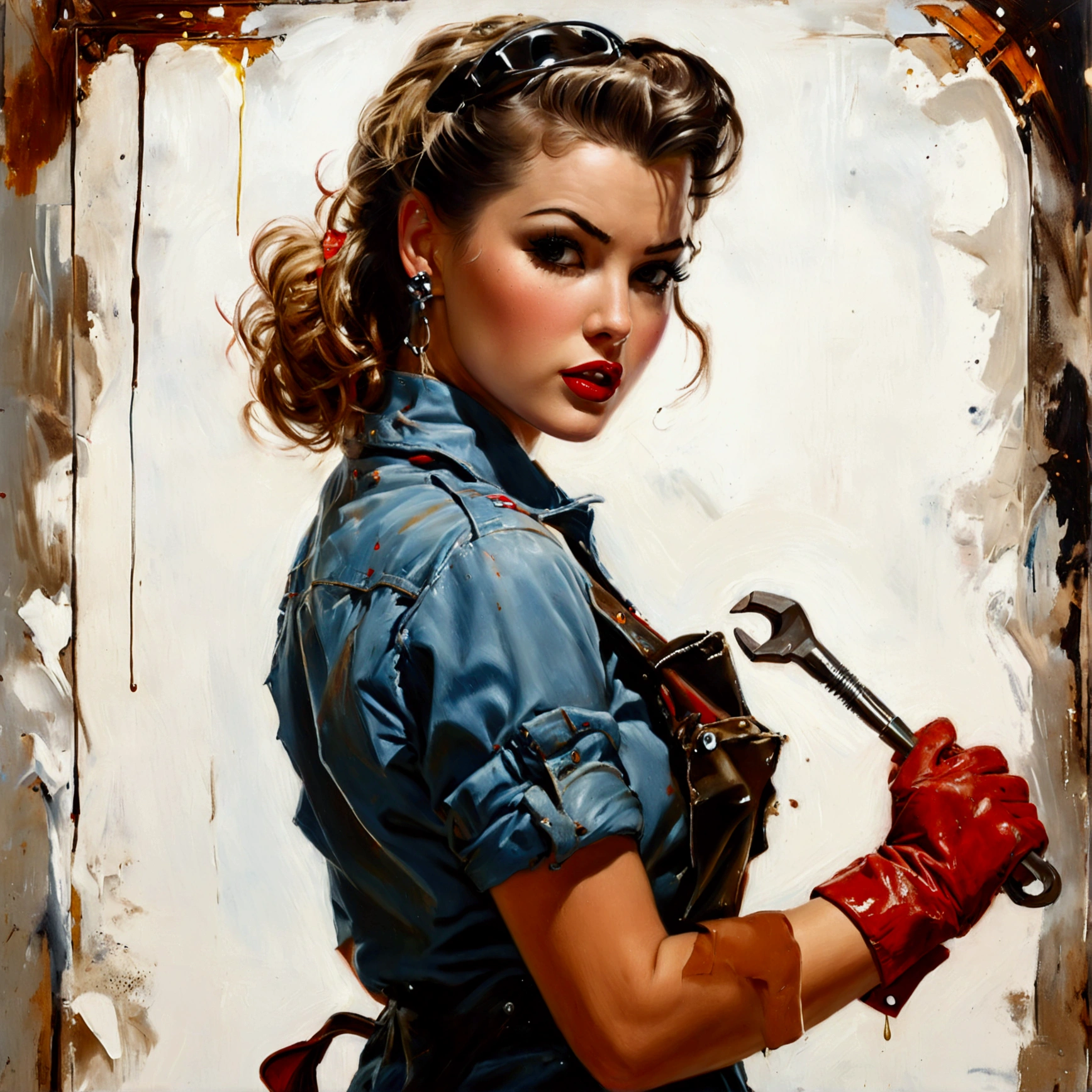 pinup model, standing, mechanic overalls, GREASE DIRTY, face with grease, looking back, wheel wrench in hand, sultry gaze, cocked ass, White background, oil painting, work of art. gil elvgren style.
