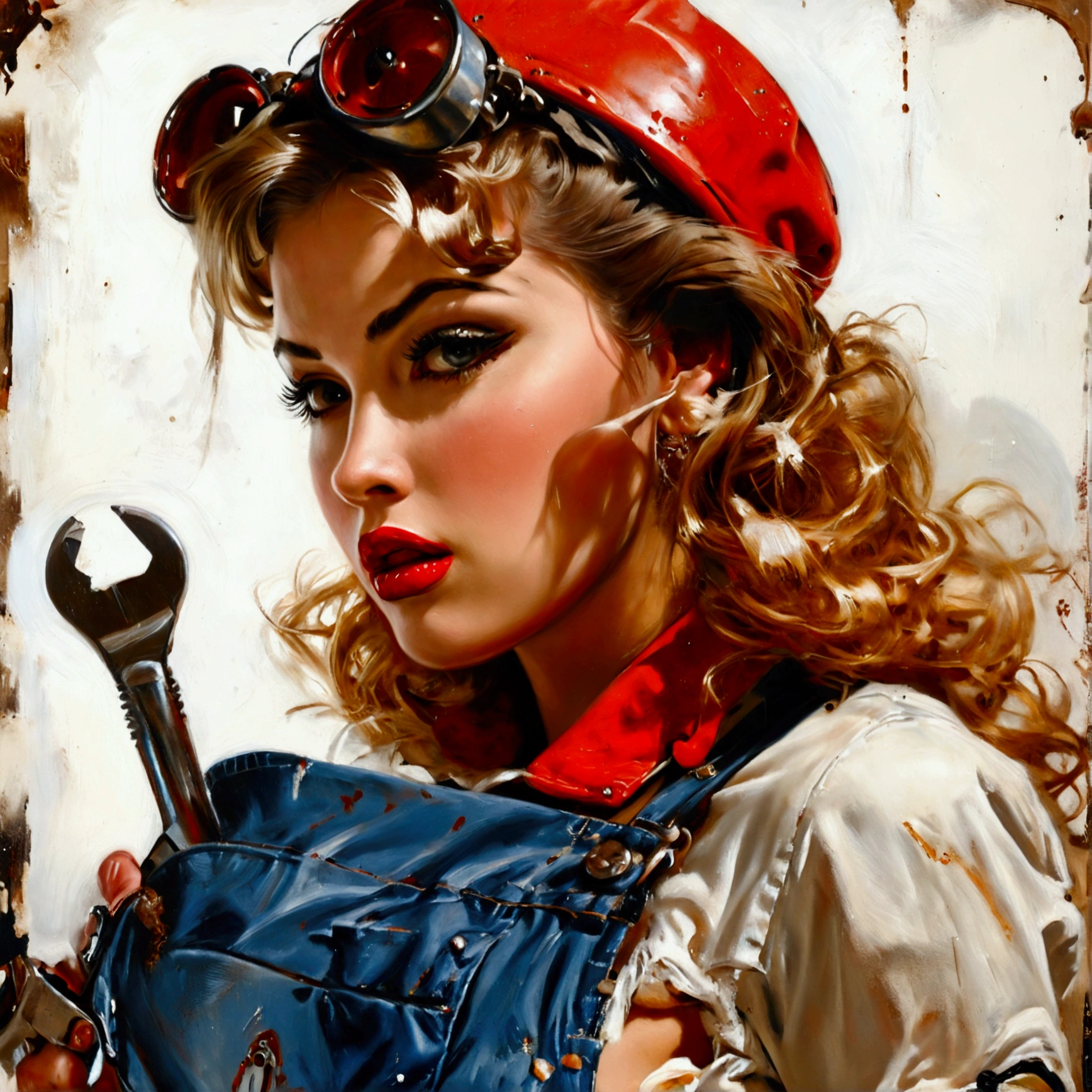 pinup model, standing, mechanic overalls, GREASE DIRTY, face with grease, looking back, wheel wrench in hand, sultry gaze, cocked ass, White background, oil painting, work of art. gil elvgren style.