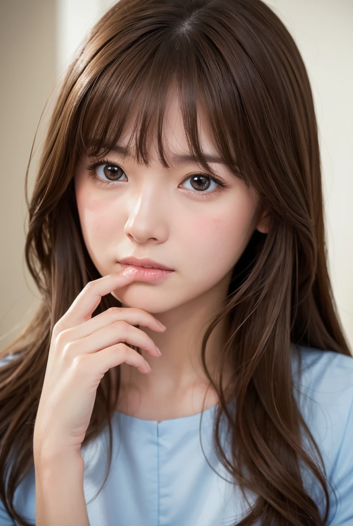 One person, High resolution, Long Hair, Gaze, Blushing, bangs, Brown Hair, Close your mouth, High resolution, Anatomically correct, Highest quality, Very detailed, Frowning, Biting one's lip, Take a closer look, Fatty face, in the bedroom, with a bed, sitting, excited, shy, embarrassed, flushed,Leaning forward,M-shaped legs、Looking up、