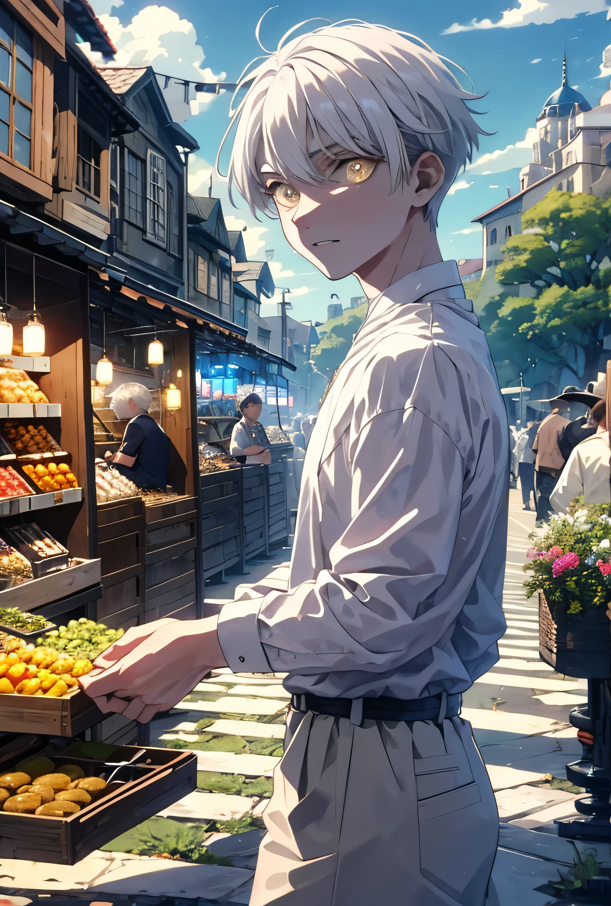 absurdres, masterpiece, (((HDR))), ((best quality)), (ultra high quality), (hi-res), ((1boy)), male, mature, (((gold eyes))), detailed eyes, (((white hair))), (very short hair), smooth hair, ((short bangs)), white long sleeve shirt, dark brown pants, ((casual clothes)), (facing viewer), (((cowboy shot))), at a shopping market, medieval market, merchant stalls, (outside), traveling, walking, cobblestone road