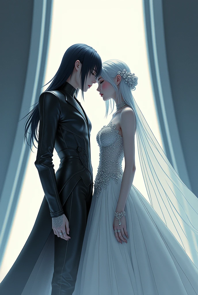 Sanakan and Cibo from Blame! Manga in a wedding dress), (sci-fi theme) suit black hair, dress striking silver hair, Futuristic atmosphere Emphasizes radiance pure atmosphere Intricate details of the outfit A soft but bright light shines from above. Intimate and romantic atmosphere Highly detailed, exceptionally detailed, cinematic quality, emotionally charged scenes.