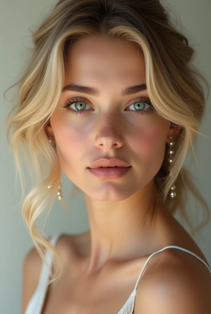 Le visage d'une femme blonde peut avoir plusieurs caractéristiques, but I will describe a classic and elegant version of it.
Son visage est délicatement ovale, avec une peau claire et lumineuse. Ses cheveux blonds tombent en vagues douces autour de son visage, framing his features lightly. Her eyebrows are well defined, of a slightly darker shade than her hair, adding definition to her look.
Her eyes, often light blue or green, sont grands et expressifs,