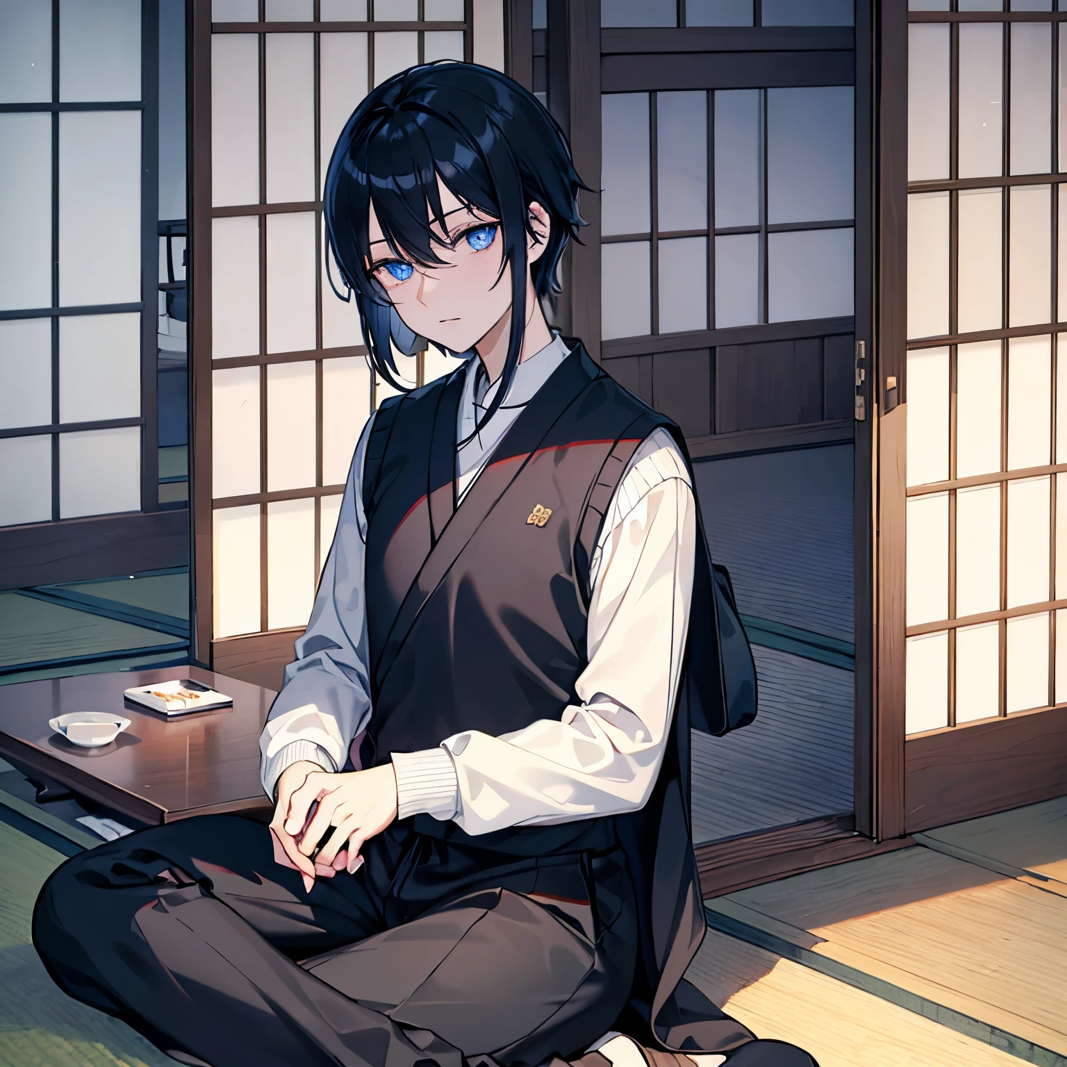 male　black hair　blue eyes　sweater　Check slacks　vest　coat　sit　sky at dawn　Inside the building　Japanese-style house　plush furnishings　机にsit　draw letters　masterpiece　Highest image quality　noise removal　clear parts 　cinematic shadow　Increased attractiveness of the eyes　clear parts the shine of the eyes　Draw eyelashes neatly　perfect eyes　detailed eyes　Sharpen image quality　Sharpen eye writing　clear parts eye shape