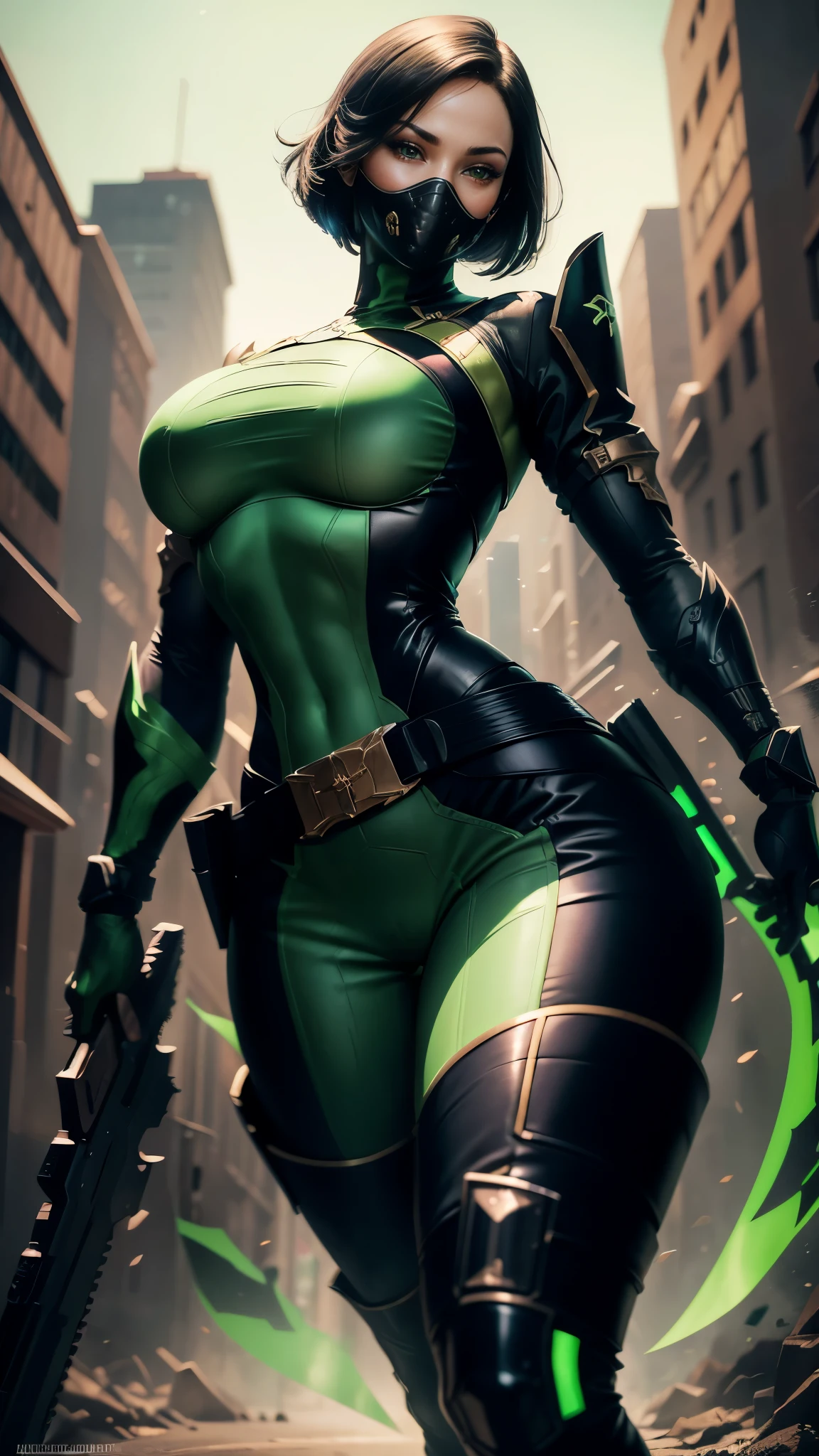 Viper da valorant,(best qualityer,4K,8k,high resolution,work of art:1.2)(weather: windy),city battle background, green and black body suit, face mask, goth makeup, thigh high boots, belt,short hair,ultra detailed,realisitic,portraite,beautiful detailed green eyes,beautiful detailed lips,extremely detailed eye and face, long eyelashes,sexly,average,large breasts,beaming smile,powerful girl in battle, sexy pose, stunning curves,bright coloured,dramatic lighting, holding a rifle,