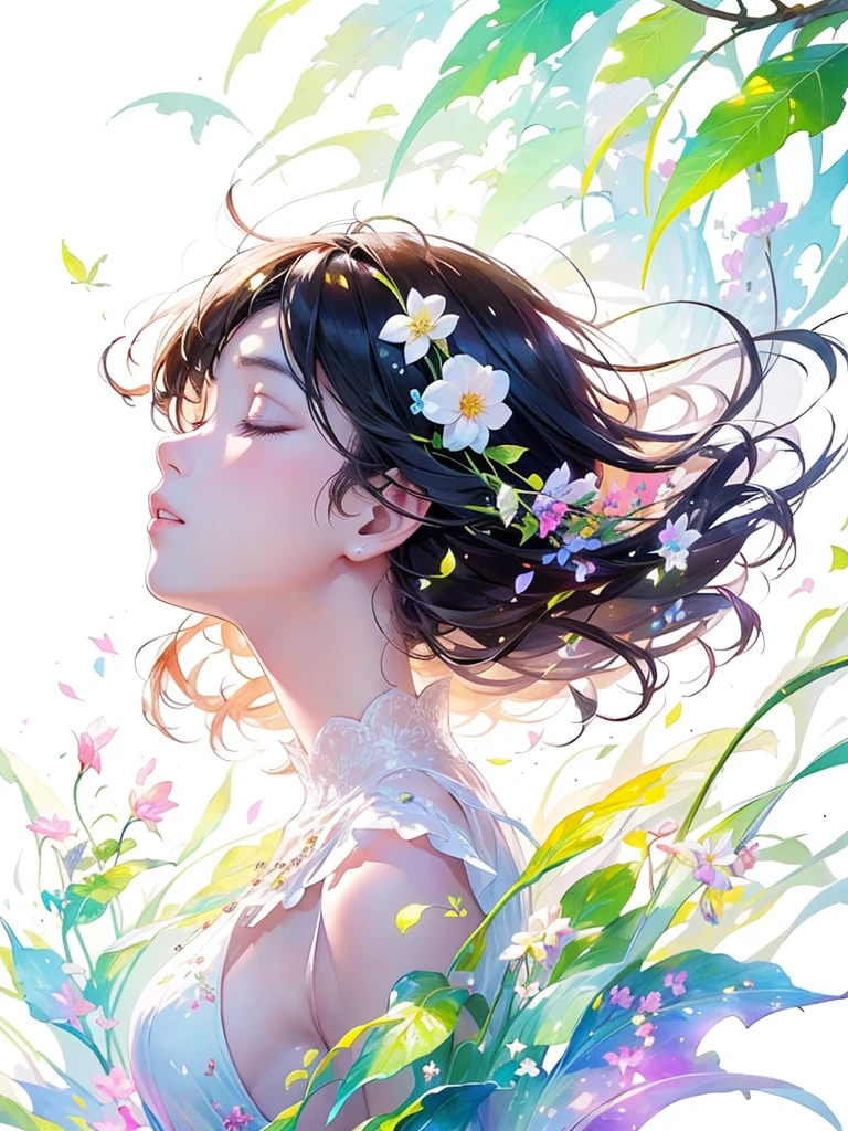 (masterpiece、Highest quality、Highest quality、Beautiful and beautiful:1.2)、Excellent anatomy、（Watercolor painting 1.5）、Long Shot、straight short hair images、Trendy Hair Color, Beautiful Face、Beautiful profile, Looking up to the sky, I close my eyes and pray, Fairy, 蝶のFairyのコスチューム、Pure white、Pure、charm, Colorful flowers of different colors, Flower and leaf wind、Botanical Art,