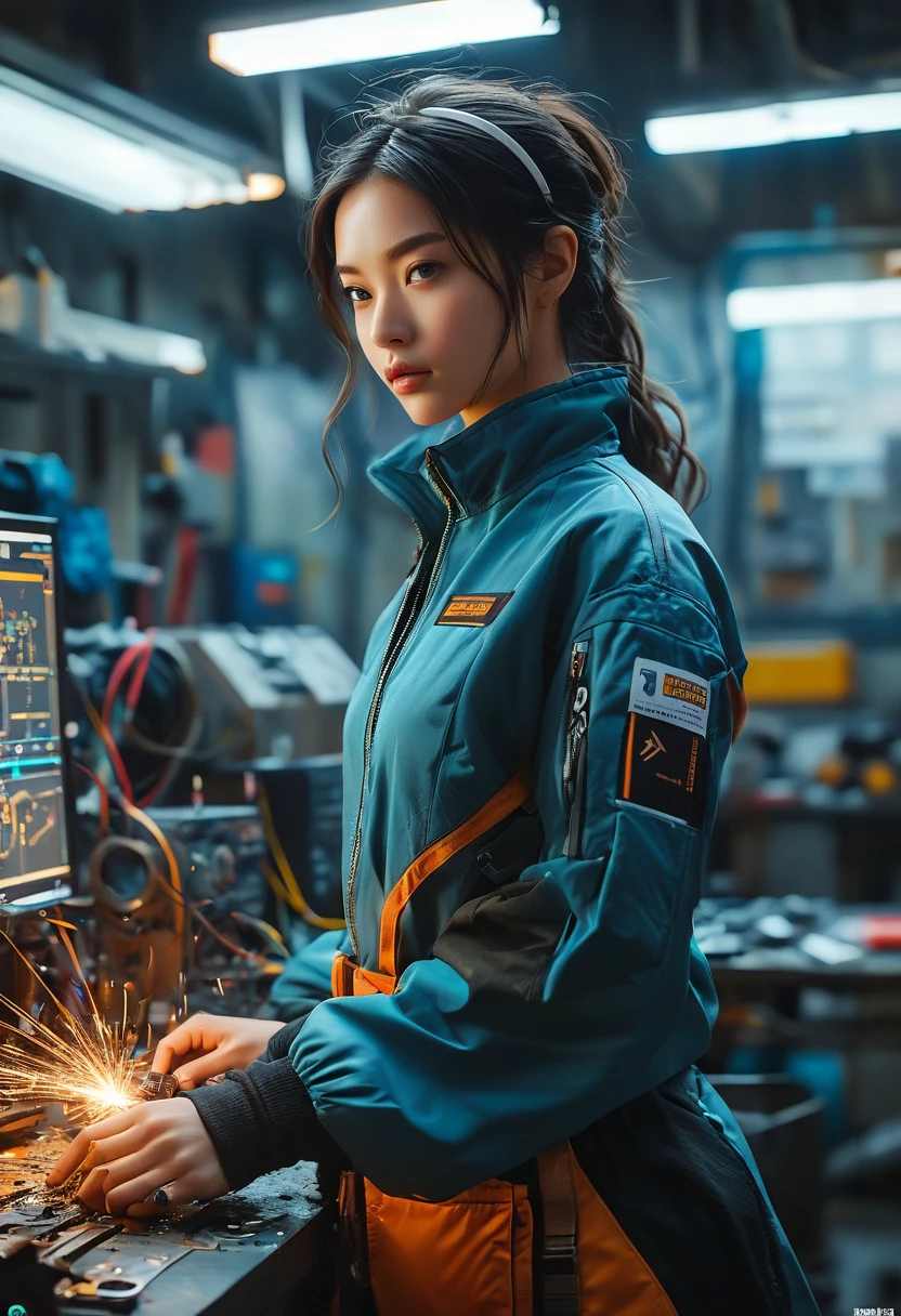a young woman in a high-tech factory, messy short black hair, wearing welder's clothing, standing in front of a high-tech workbench, advanced tech screen, (best quality,4k,8k,highres,masterpiece:1.4),ultra-detailed,(realistic,photorealistic,photo-realistic:1.37),absurd solution,super detailed,vivid colors,studio lighting,extreme detail description,professional