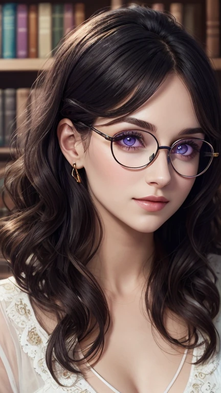 Wearing glasses,library,librarian、Gold frame round glasses, Wavy Hair、Very cute face、Long Hair、Beautiful detailed black hair、Soft Light,Sparkling eyes,((Purple Eyes))、Captivating beauty、Attractive adult woman、Beautiful woman、Ultra-high resolution, Realistic,
