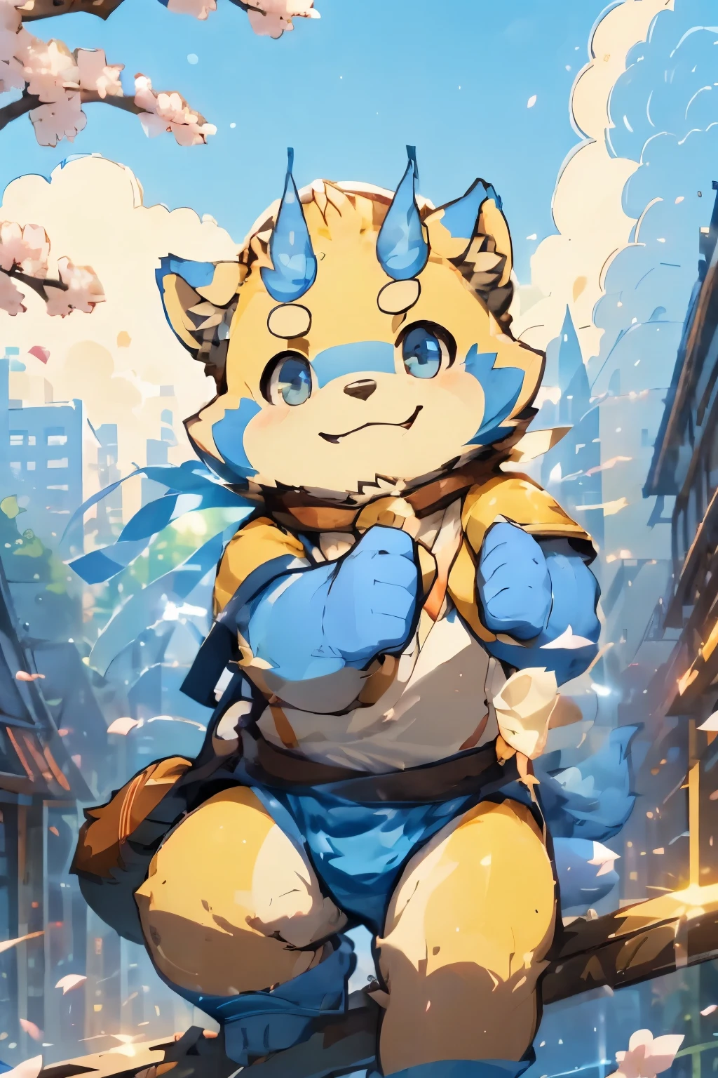 solo, male, botailang, (botailang，furry, anthro), city, parkour, cherry blossom, dynamic lighting, sunset, glow, depth of field, top-quality，best qualityer，rzminjourney，vectorial art, , niji, round form，Bust，  Smiling warmly，Flashing friendly peace signs, detailed illustration